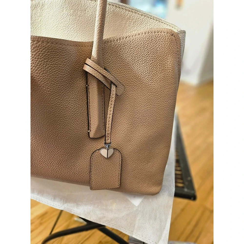 Kate Spade New York Beige Pebbled Leather Tote Bag with Scarf and Heart Charm